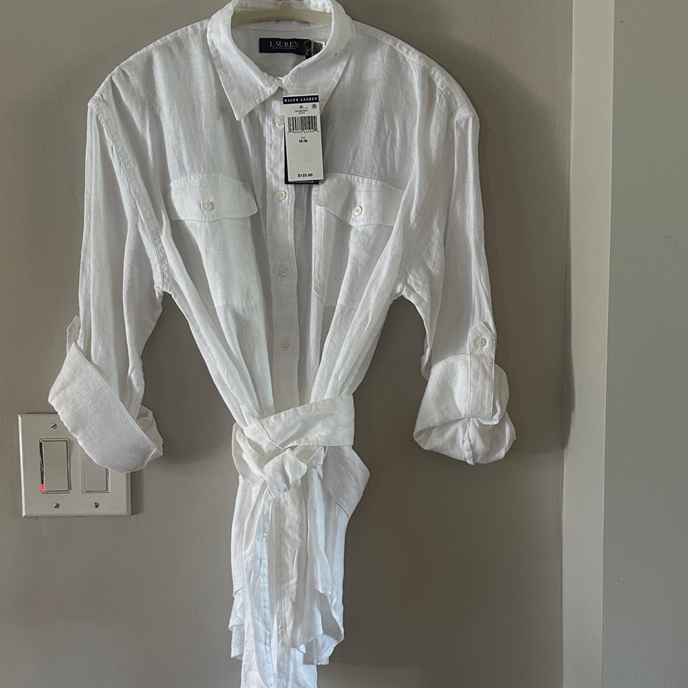 Women Ralph Lauren White Linen Tie-Waist Button Shirt